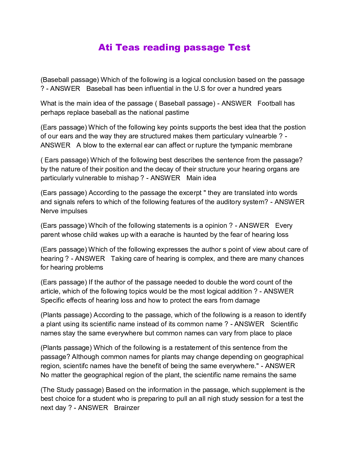 Ati Teas reading passage Test Browsegrades